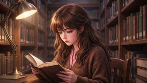 Tina Sprout läser i ett bibliotek med varmt ljus.