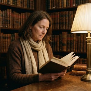 Sharon Rainsworth læser i et hyggeligt bibliotek.