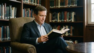 Evan Bayh læser en bog på et bibliotek, dybt i tanker.