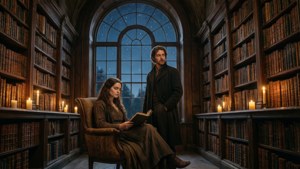 Chise ed Elias in una grande biblioteca illuminata da candele, mentre studiano antichi libri magici.