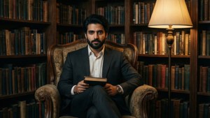 Riyaz Aly læser en bog i et vintage bibliotek med høje reoler