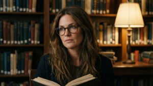 Woman with glasses reading a book in a library with bookshelves and a lamp. — Mandy Moore Background