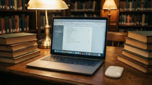 Um laptop em uma mesa de biblioteca com livros e luz de lâmpada quente.
