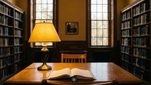 Scena tranquilla e accogliente della biblioteca WCU con calda luce della lampada e libri