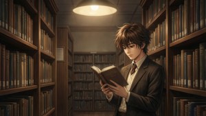 Amane Fujimiya leest in een bibliotheek tussen boekenplanken