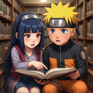 Naruto ja Hinata lukevat yhdessä kirjastossa