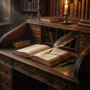 Close-up intim dari meja antik di perpustakaan Schloss Hünigen, dengan cahaya lilin dan buku terbuka.
