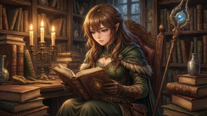 Frieren leest in een gezellige bibliotheek.