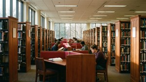 Interior nyaman perpustakaan Temple University dengan siswa yang sedang belajar.