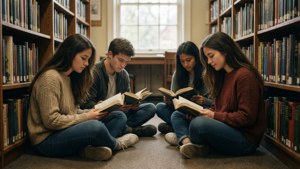 Studenten lezen boeken in een gezellige schoolbibliotheek