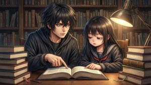 Shiro ajuda Maru a estudar com livros espalhados por perto. — What Papéis de Parede