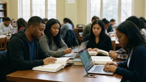 Students studying inside Founders Library at Howard University.