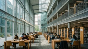 Interior cerah dan modern dari perpustakaan UBC Barber Learning Centre