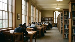 Intérieur cosy de la bibliothèque de l'Université Misericordia avec des étudiants qui étudient