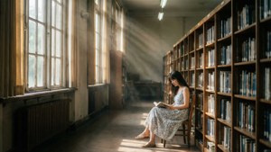 Perpustakaan yang diterangi matahari dengan seorang wanita muda membaca di antara debu di sore hari.