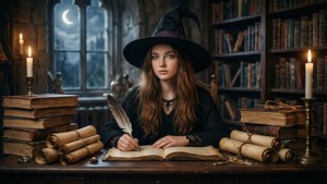 Scène de bibliothèque dark academia avec une fille coiffée d'un chapeau de sorcière écrivant à la lueur d'une bougie sous une lune croissante