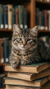 Chat Toyger se reposant sur des livres dans la bibliothèque