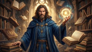 En trollmann med en glødende kule i et bibliotek med flytende bøker for Blade And Sorcery-bakgrunn