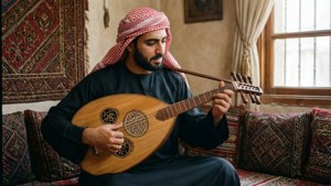Musicista libico tradizionale che suona l'oud in un contesto culturale.