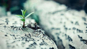 A small green plant growing from a decaying birch log in a forest. — Life Background