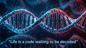 Latar belakang heliks DNA yang hidup dengan kutipan biologis tentang kehidupan.
