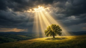 Een gouden lichtstraal breekt door onweerswolken en verlicht een eenzame boom op een heuvel in een episch dramatisch landschap.