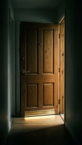 A wooden door slightly open in a dark hallway with warm light spilling onto the floor. — I miss you Wallpaper
