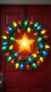 Une couronne de lumières de Noël cartoon sur une porte rouge.