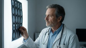 Dokter bestudeert hersenscan op lichtbak