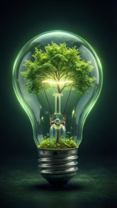 Glühbirne mit einem kleinen Baum darin, der grüne Energie symbolisiert.