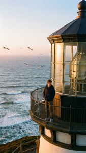 Rico guarda l'alba da un faro.