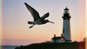 Ein Brachvogel fliegt in der Dämmerung an einem Leuchtturm vorbei und vermittelt eine nostalgische Stimmung.