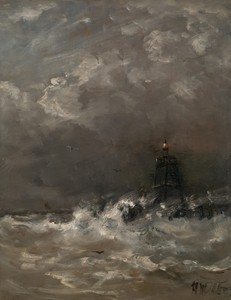 Lighthouse in Breaking Waves by Hendrik Willem Mesdag, created c. 1900 - c. 1907, in panel; oil paint (paint). Download this artwork as a high-resolution wallpa — Hendrik Willem Mesdag Wallpaper