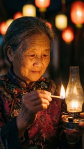 Elderly woman lighting a lantern, face lit by warm glow, traditional clothes, bokeh background.