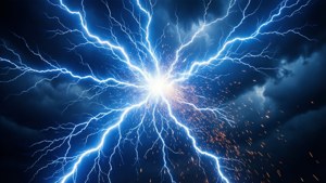 Sebuah ledakan kuat dari sambaran petir biru elektrik dan percikan api.
