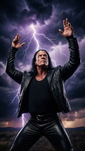 The Undertaker berpose dengan kilat di belakangnya.
