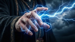 Un mago lancia un potente incantesimo fulmine, elettricità che si arcuata dalla sua mano.