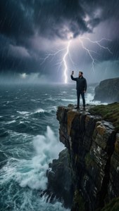 En mann trosser en storm på en klippe og hever en iPhone mens lynet slår ned.