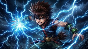 Killua in action with his lightning powers, dramatic and powerful.