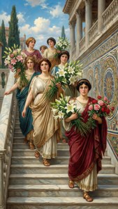 Romeinse vrouwen in golvende gewaden dragen bloemen een marmeren trap af.