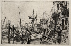 Limehouse by James McNeill Whistler, created 1859, in etching. Download this artwork as a high-resolution wallpaper for desktop, tablet, or mobile. — Painting Picture
