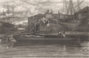 Limehouse by James McNeill Whistler, created 1878, in Lithotint in black ink with scraping and incising, on a prepared half-tint ground, on off-white plate pape — Illustration Wallpaper