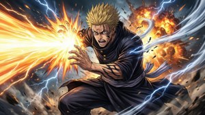 Satoru Gojo unleashing a powerful cursed energy blast in mid-battle. — Satoru Gojo Picture