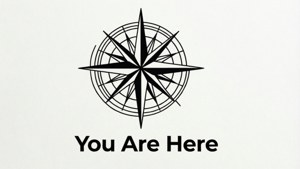Tyylikäs viivataidekompassi, jossa teksti 'You Are Here'.