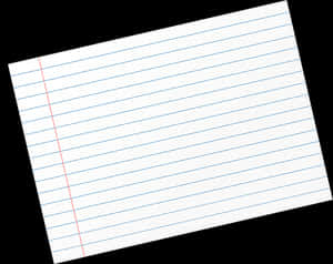 Tilted lined notebook paper with red margin line on black background. — Flash PNG