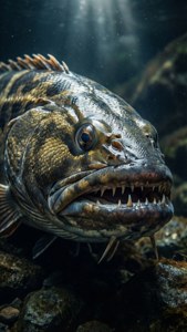 Um papel de parede hiper-realista em close-up da cabeça de um lingcod, mostrando suas escamas e dentes sob iluminação dramática.