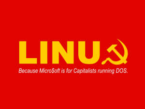 Roter Hintergrund mit gelbem Text, der LINU und Hammer und Sichel sagt, Tagline über Microsoft und DOS. — Linux Desktop Hintergrundbild