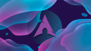 Abstraktes digitales Kunstwerk mit fließenden blauen und lila Verläufen um ein zentrales lila Dreieck-Logo. — Linux Desktop Hintergrundbild