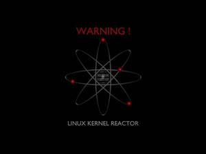 Un símbolo de advertencia con un átomo y código binario etiquetado Linux Kernel Reactor.