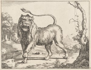 Lion by Marcus de Bye, created 1664, in etching on laid paper. Download this artwork as a high-resolution wallpaper for desktop, tablet, or mobile. — Marcus de Bye Wallpaper